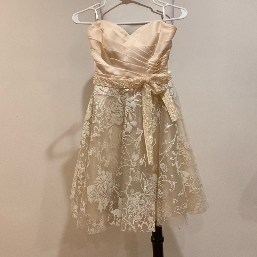 Elegant Cream Strapless Dress with Lace Overlay